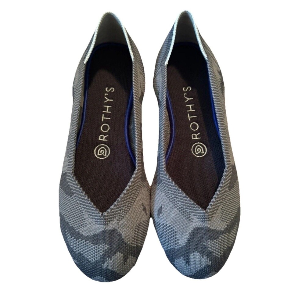 Womens Rothys Rothy’s The Flat Gray Camo Knit Red Sole Round Toe Ballet Flats 7